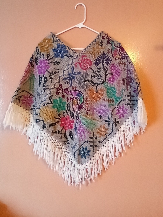 Sweaters - Colorful Floral Knit Poncho with Fringe ( Hang )